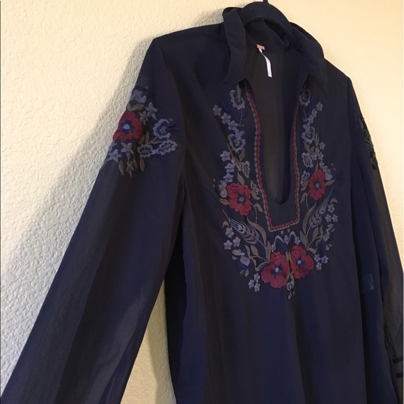 Free People Black Red Floral Embroidered Sheer V-neck Tunic Long Sleeve SP - Picture 7 of 10